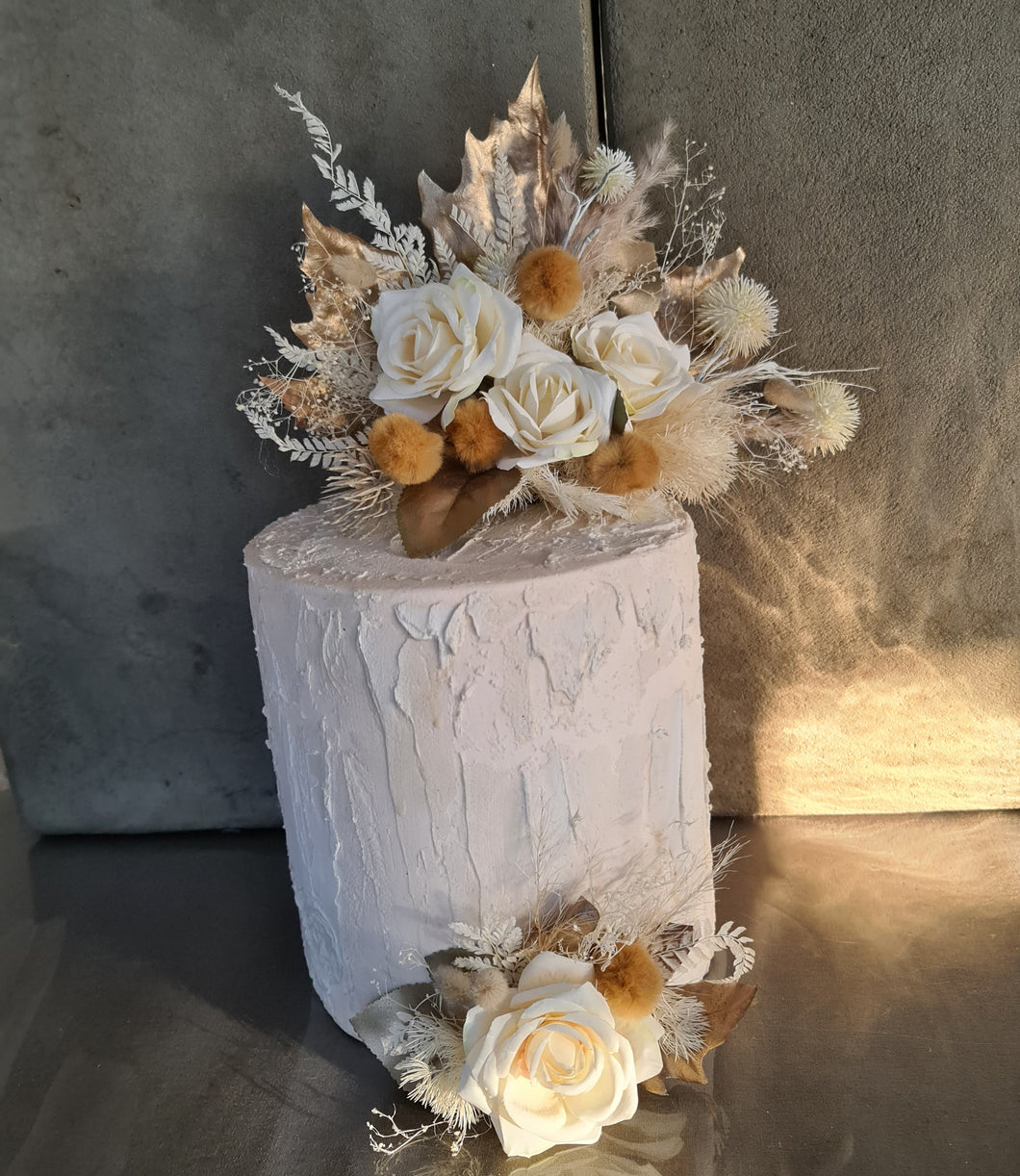 Double floral cake topper in champagne gold & warm tones