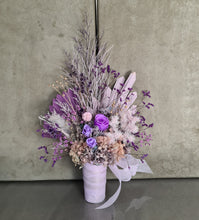 Load image into Gallery viewer, Glorious purple tone flower arrangement w preserved roses
