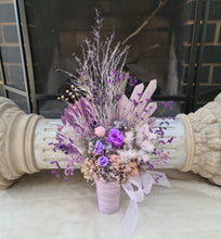 Load image into Gallery viewer, Glorious purple tone flower arrangement w preserved roses
