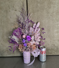 Load image into Gallery viewer, Glorious purple tone flower arrangement w preserved roses
