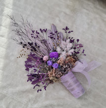 Load image into Gallery viewer, Glorious purple tone flower arrangement w preserved roses
