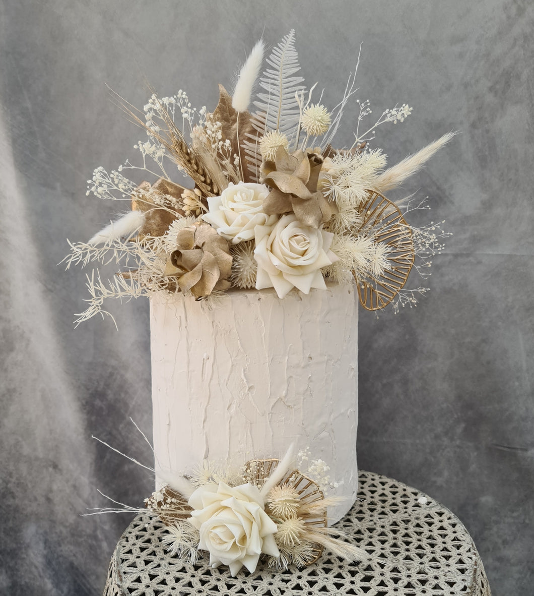 Double floral cake topper in neutral & gold tones