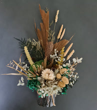 Load image into Gallery viewer, Everlasting flower arrangement with emerald green in wood stump pot
