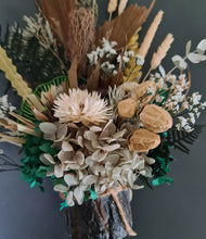 Load image into Gallery viewer, Everlasting flower arrangement with emerald green in wood stump pot

