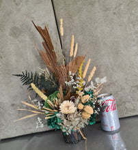 Load image into Gallery viewer, Everlasting flower arrangement with emerald green in wood stump pot
