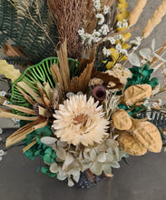 Load image into Gallery viewer, Everlasting flower arrangement with emerald green in wood stump pot
