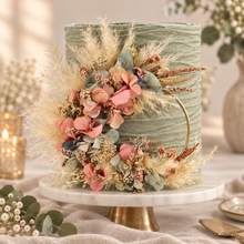 Load image into Gallery viewer, Peach sage everlasting flowers cake topper hoop  – 5 inch
