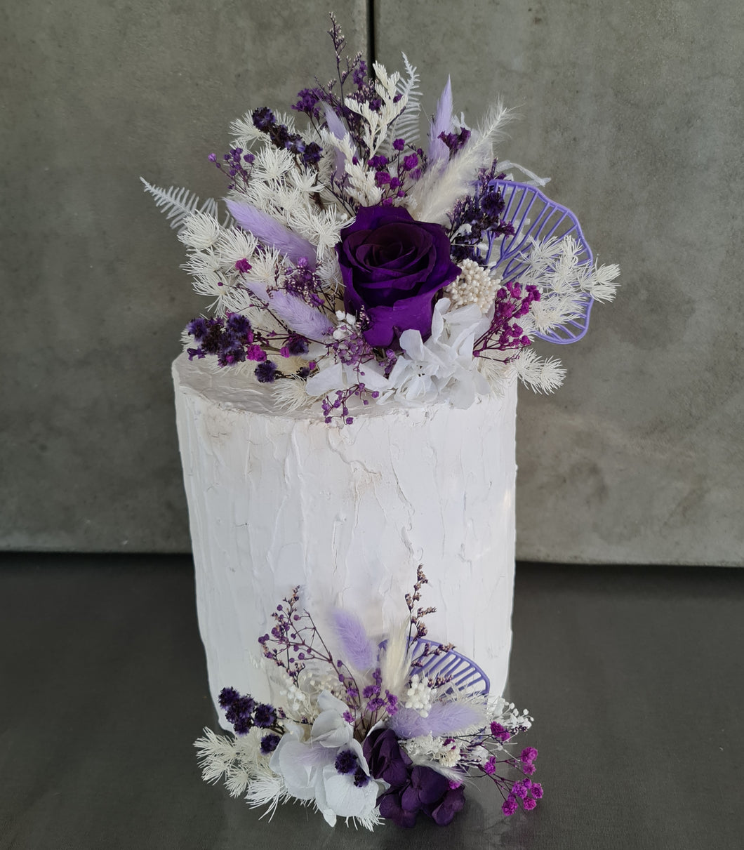 Double Everlasting preserved flowers cake topper - purple