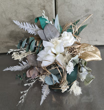 Load image into Gallery viewer, Double Everlasting flowers cake topper - green, white &amp; gold
