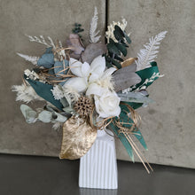 Load image into Gallery viewer, Double Everlasting flowers cake topper - green, white &amp; gold
