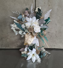 Load image into Gallery viewer, Double Everlasting flowers cake topper - green, white &amp; gold
