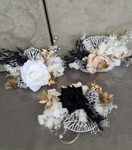 Load image into Gallery viewer, 3 x Gold white &amp; black Everlasting flowers cake topper
