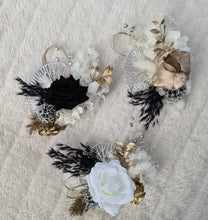 Load image into Gallery viewer, 3 x Gold white &amp; black Everlasting flowers cake topper
