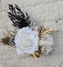 Load image into Gallery viewer, 3 x Gold white &amp; black Everlasting flowers cake topper
