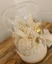Load image into Gallery viewer, Preserved everlasting flowers baby glass dome - White &amp; gold
