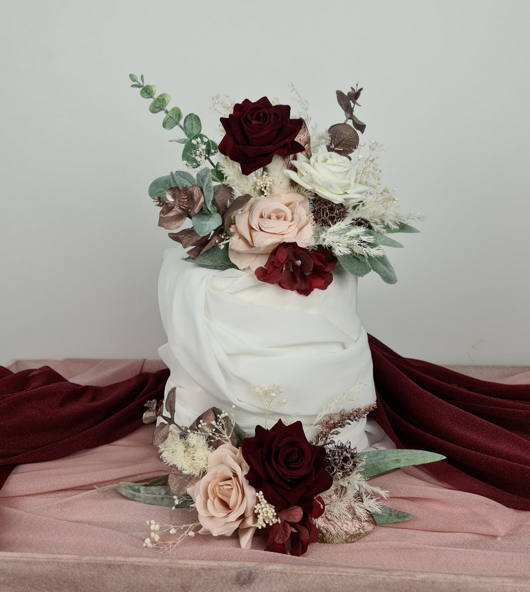 Double cake topper in blush pink & burgundy colours