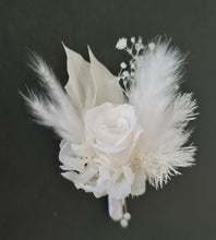 Load image into Gallery viewer, White buttonhole with mini preserved rose - Style 1
