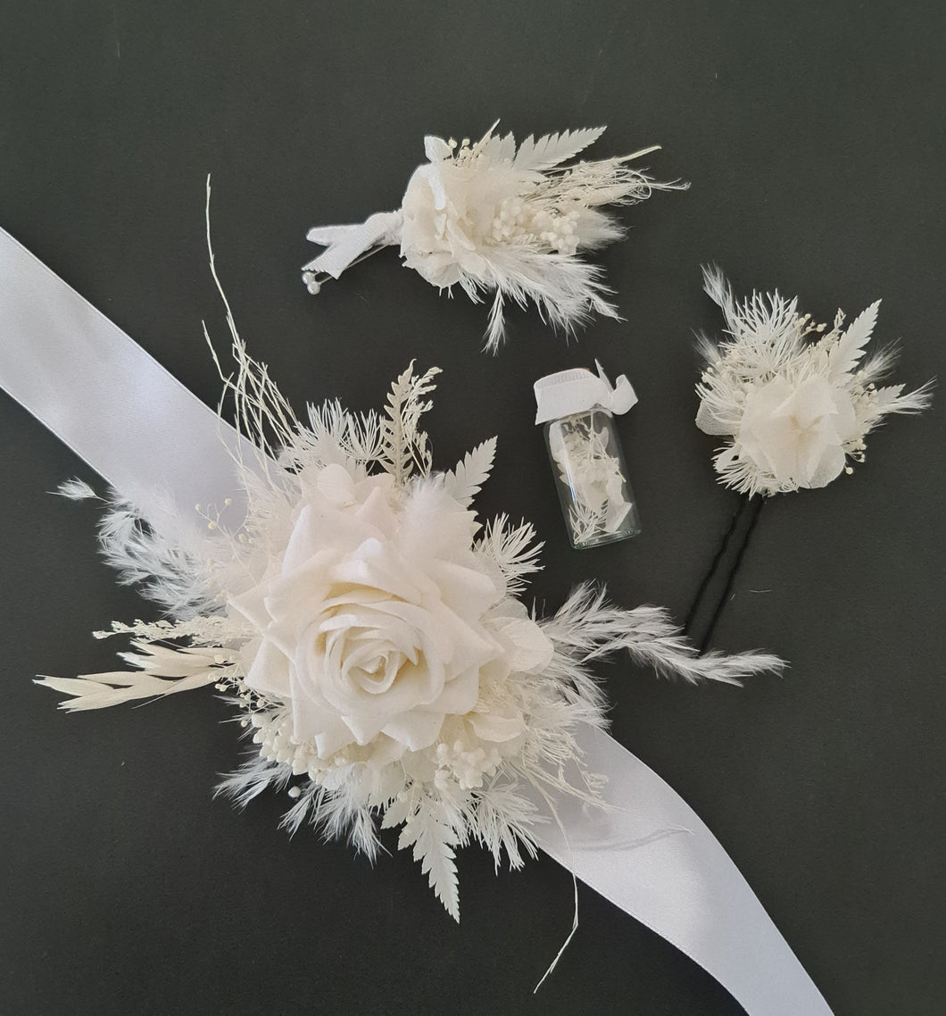 Everlasting flowers school formal / prom set – corsage, buttonhole & hair flowers
