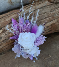 Load image into Gallery viewer, Buttonhole boutonniere mini preserved rose - purple &amp; white
