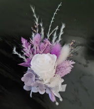 Load image into Gallery viewer, Buttonhole boutonniere mini preserved rose - purple &amp; white
