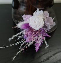 Load image into Gallery viewer, Buttonhole boutonniere mini preserved rose - purple &amp; white

