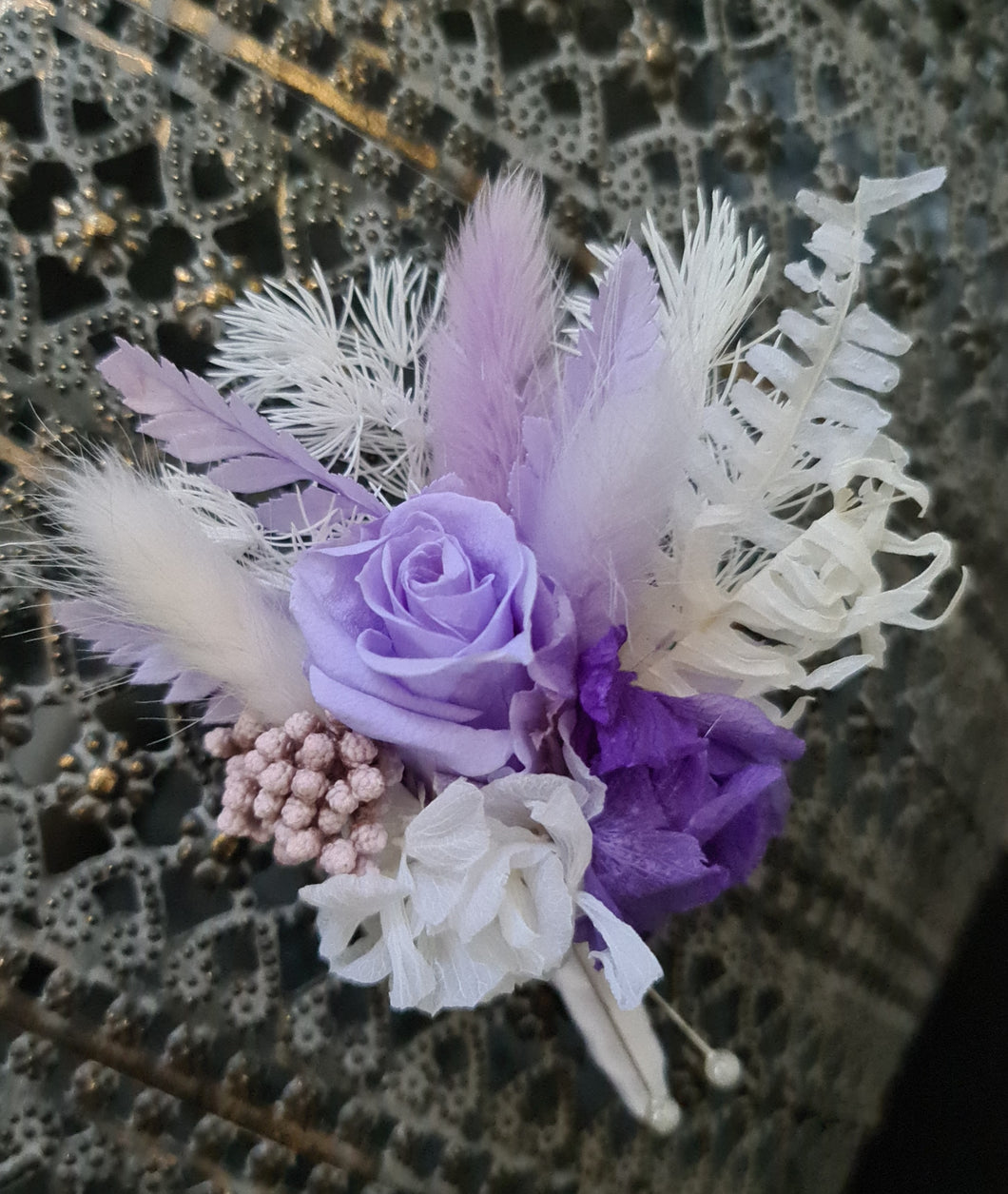Everlasting flowers buttonhole w mini violet rose