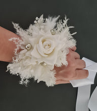 Load image into Gallery viewer, Everlasting flowers school formal / prom corsage – White &amp; champagne gold
