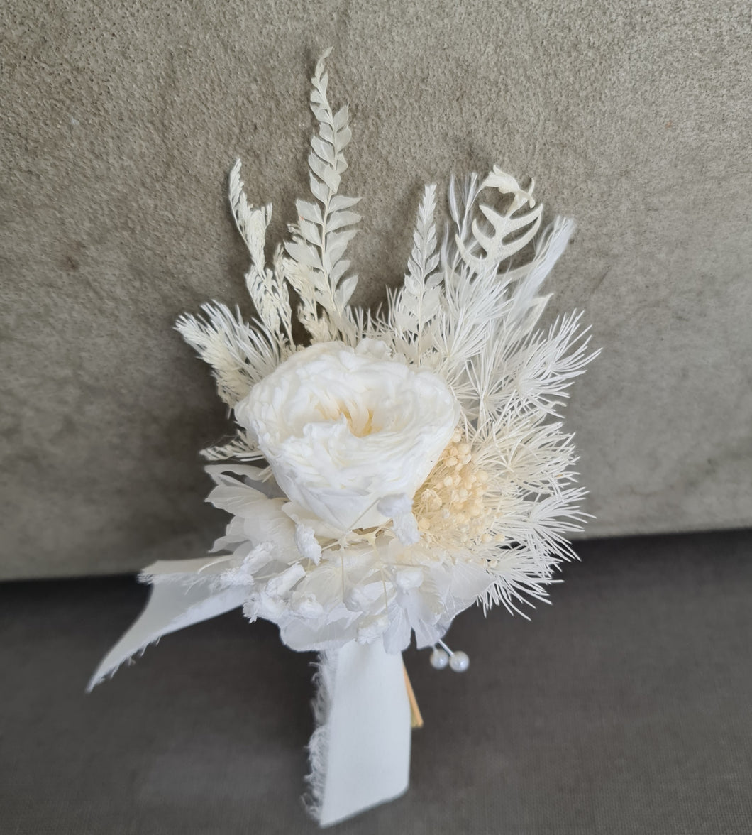 Wedding buttonhole boutonniere w mini preserved peony - white