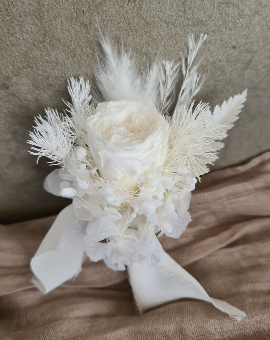 Boho mini preserved peony white wedding groom buttonhole