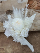 Load image into Gallery viewer, Boho mini preserved peony white wedding groom buttonhole

