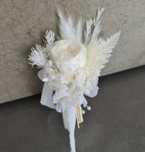 Load image into Gallery viewer, Boho mini preserved peony white wedding groom buttonhole
