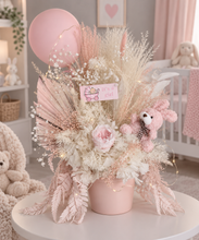Load image into Gallery viewer, Pastel pink baby girl preserved flower arrangement w lights
