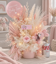 Load image into Gallery viewer, Pastel pink baby girl preserved flower arrangement w lights
