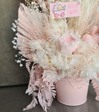 Load image into Gallery viewer, Personalised Pastel pink baby girl preserved flower arrangement w lights
