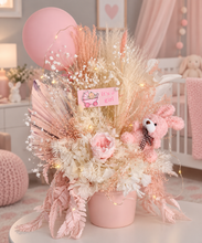 Load image into Gallery viewer, Pastel pink baby girl preserved flower arrangement w lights
