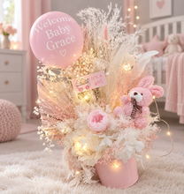 Load image into Gallery viewer, Personalised Pastel pink baby girl preserved flower arrangement w lights
