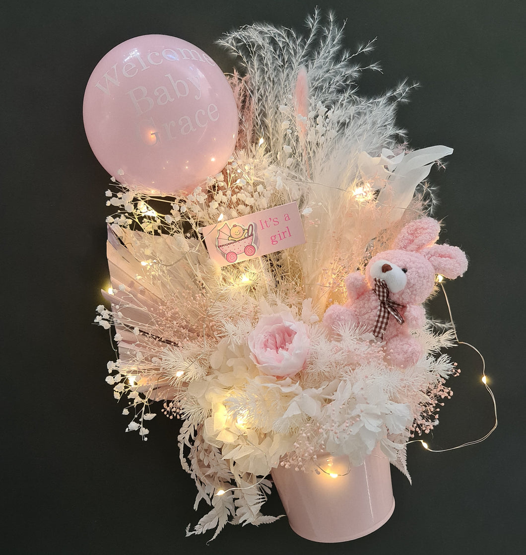 Personalised Pastel pink baby girl preserved flower arrangement w lights
