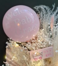 Load image into Gallery viewer, Personalised Pastel pink baby girl preserved flower arrangement w lights

