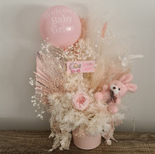 Load image into Gallery viewer, Personalised Pastel pink baby girl preserved flower arrangement w lights
