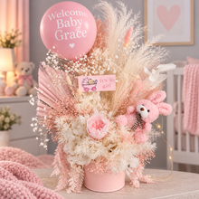 Load image into Gallery viewer, Personalised Pastel pink baby girl preserved flower arrangement w lights
