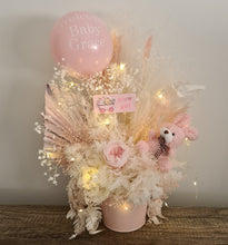 Load image into Gallery viewer, Personalised Pastel pink baby girl preserved flower arrangement w lights
