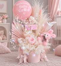 Load image into Gallery viewer, Personalised Pastel pink baby girl preserved flower arrangement w lights
