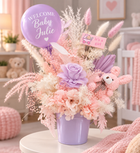 Load image into Gallery viewer, Personalised Pastel pink &amp; violet baby girl preserved flowers with lights
