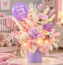 Load image into Gallery viewer, Personalised Pastel pink &amp; violet baby girl preserved flowers with lights

