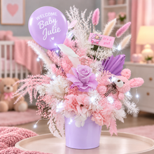 Load image into Gallery viewer, Personalised Pastel pink &amp; violet baby girl preserved flowers with lights
