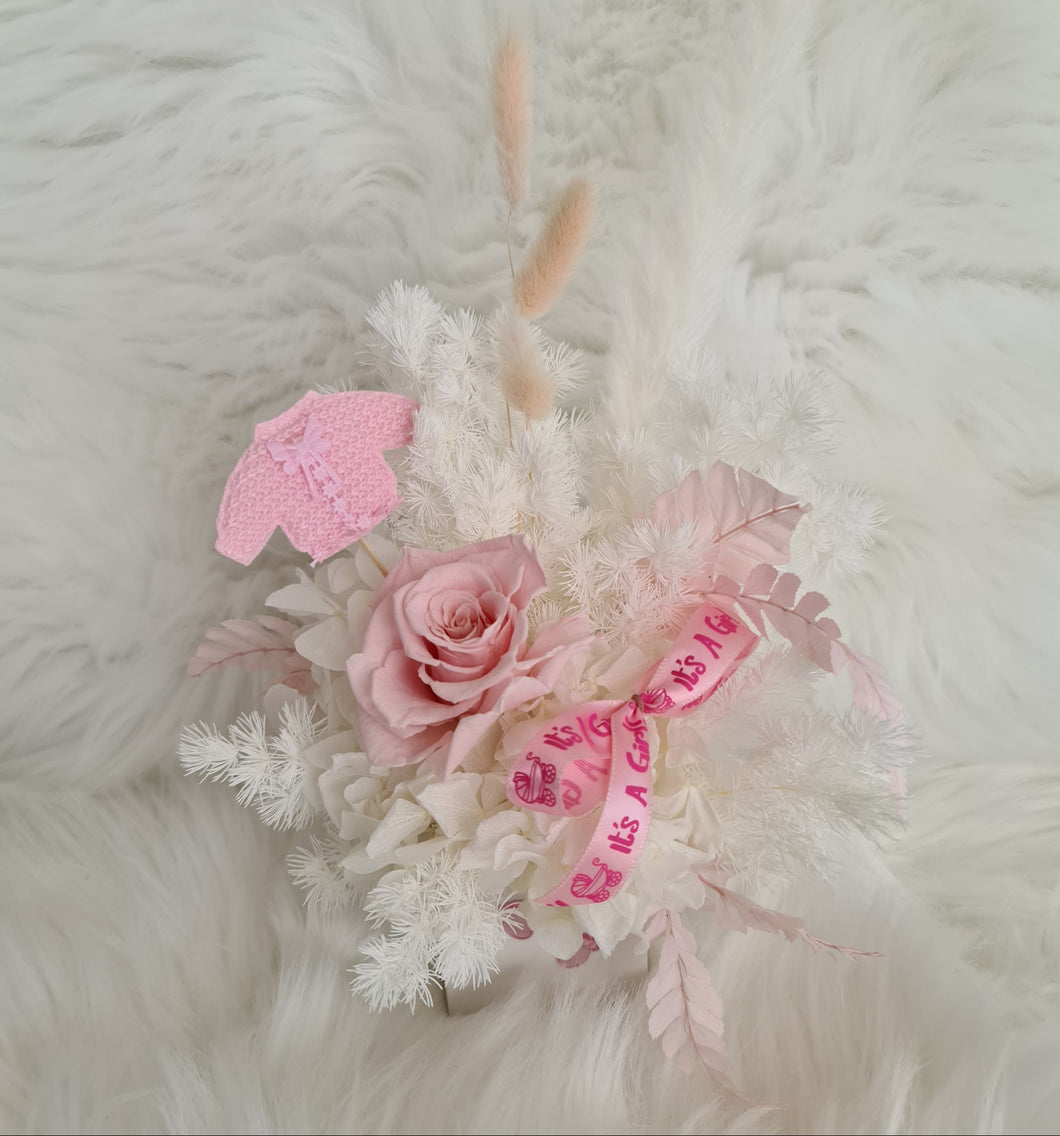 Baby girl preserved flowers with pastel pink preserved rose