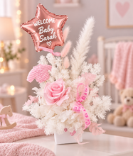 Load image into Gallery viewer, Personalised Baby girl preserved flowers with pastel pink preserved rose
