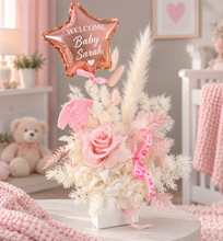 Load image into Gallery viewer, Personalised Baby girl preserved flowers with pastel pink preserved rose
