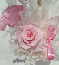 Load image into Gallery viewer, Personalised Baby girl preserved flowers with pastel pink preserved rose
