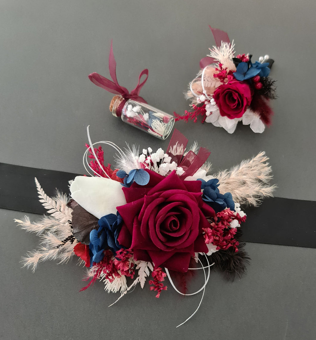 School formal / wedding corsage & buttonhole burgundy, black & navy blue